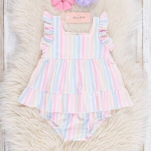 Pastel Striped Flutter Sleeve Top & Bloomer Set